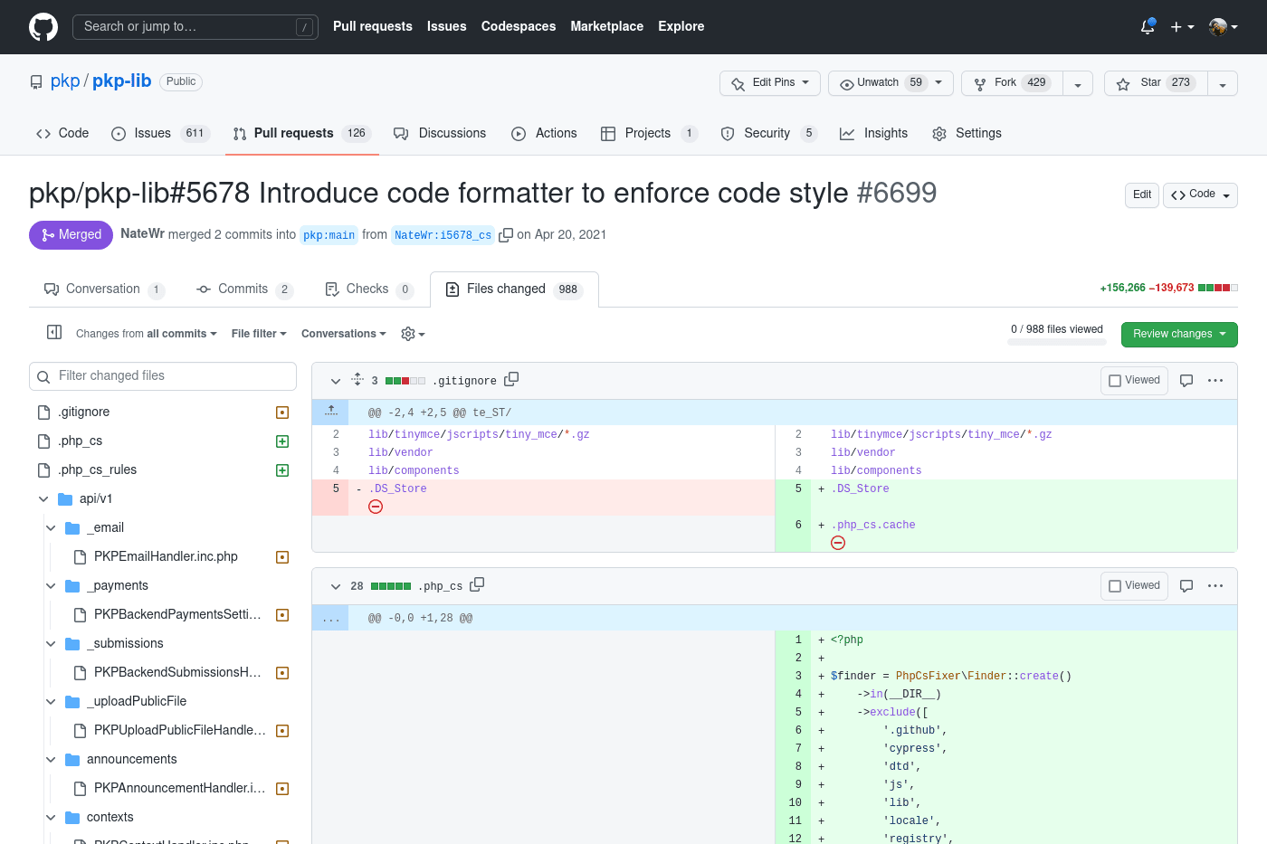 Screenshot of a pull request to automatically reformat 100,000+ lines of code