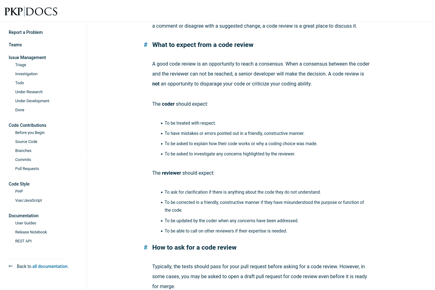 Screenshot of code review section of contributor's guide