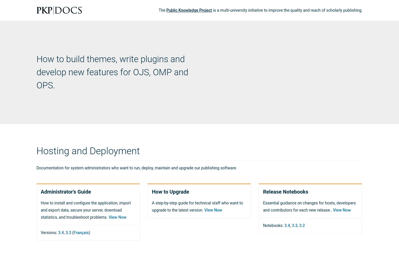 Screenshot of the technical documentation hub for OJS and OMP