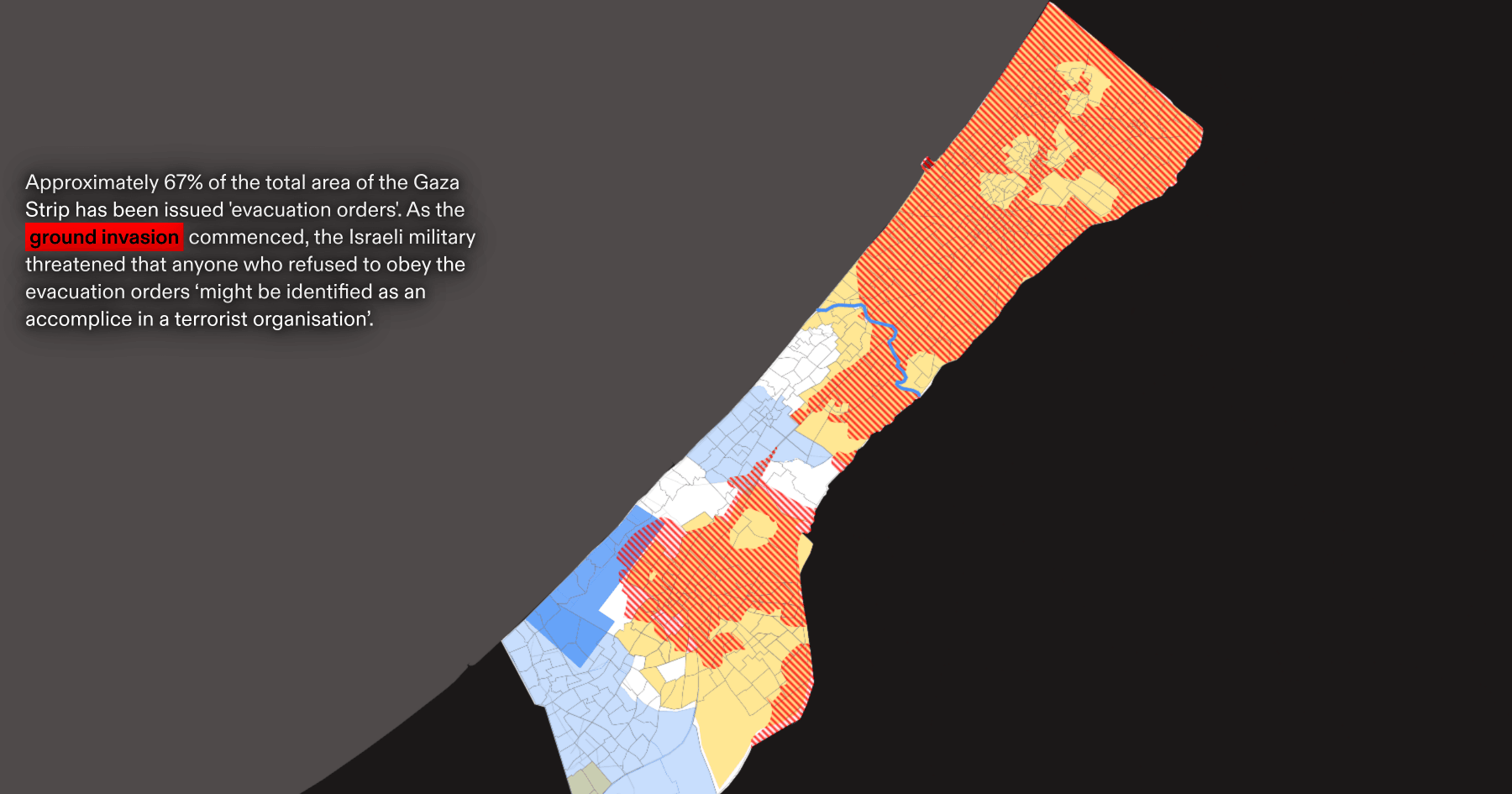 Screenshot of a map of Gaza overlayed with information about Israel's invasion