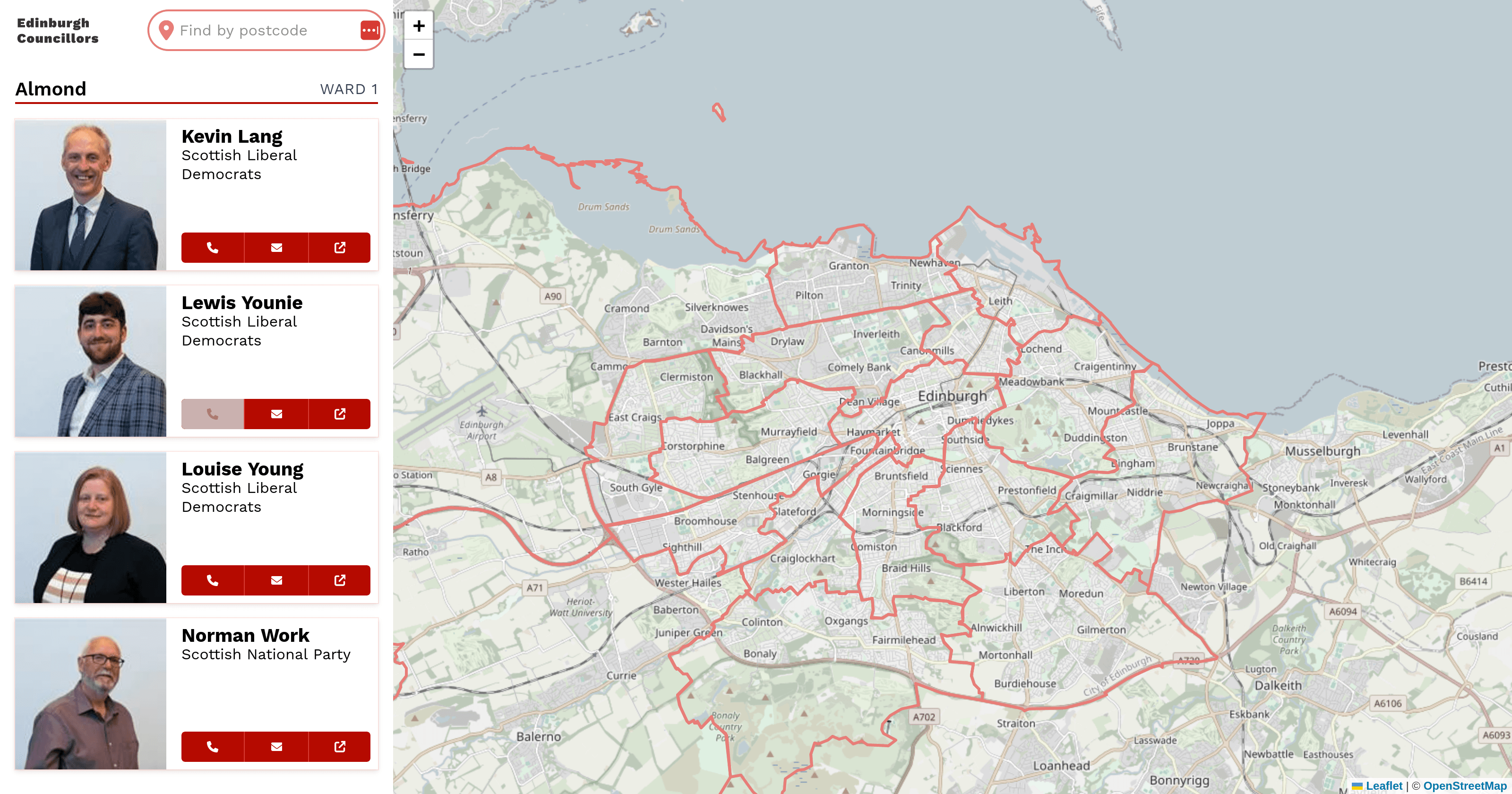 Screenshot of the a map of Edinburgh with details about the city councillors