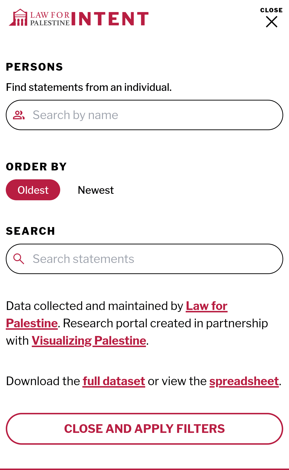 Screenshot of the filters in a mobile view