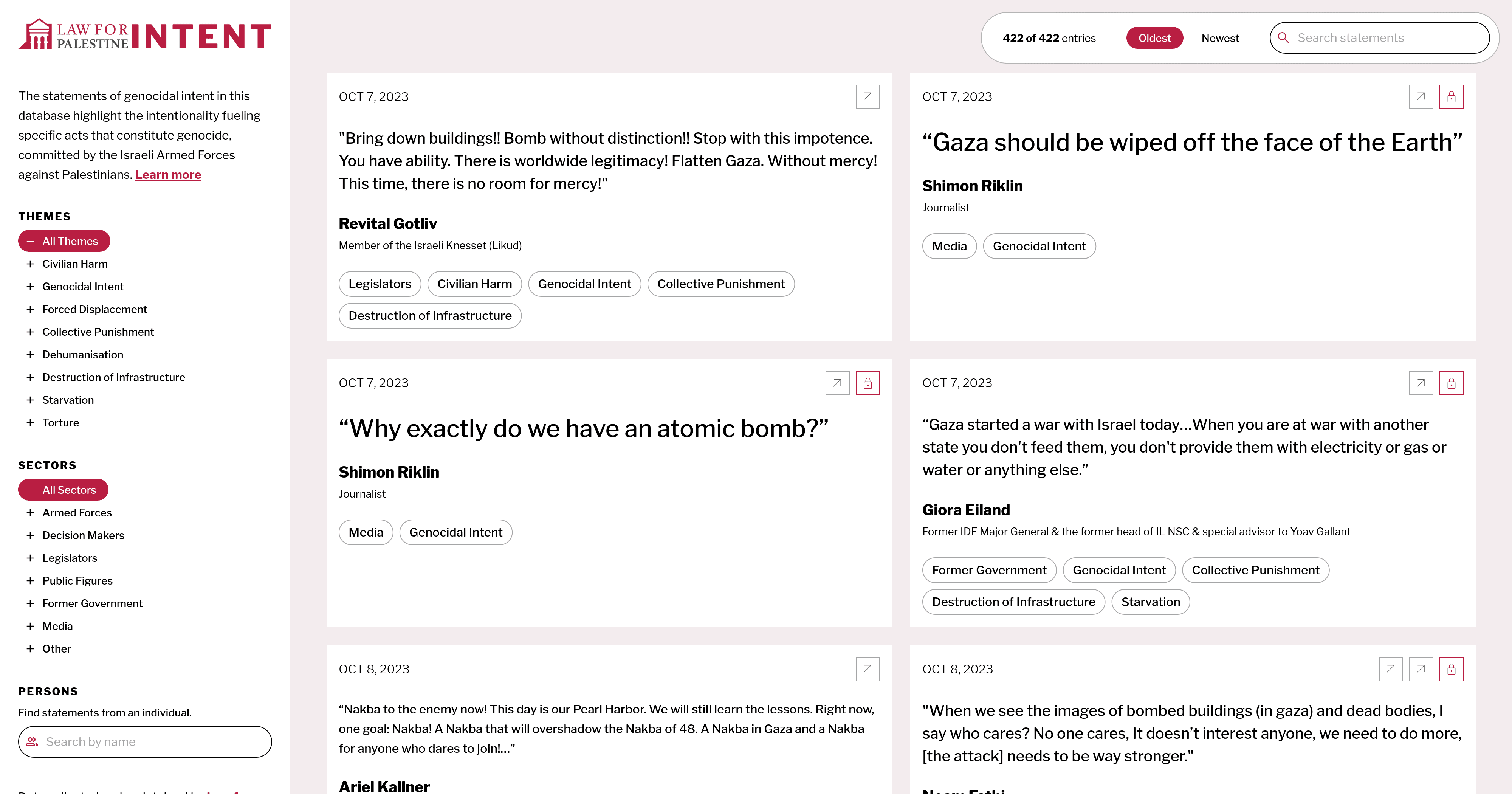 Screenshot of the database of statements of intent to commit genocide