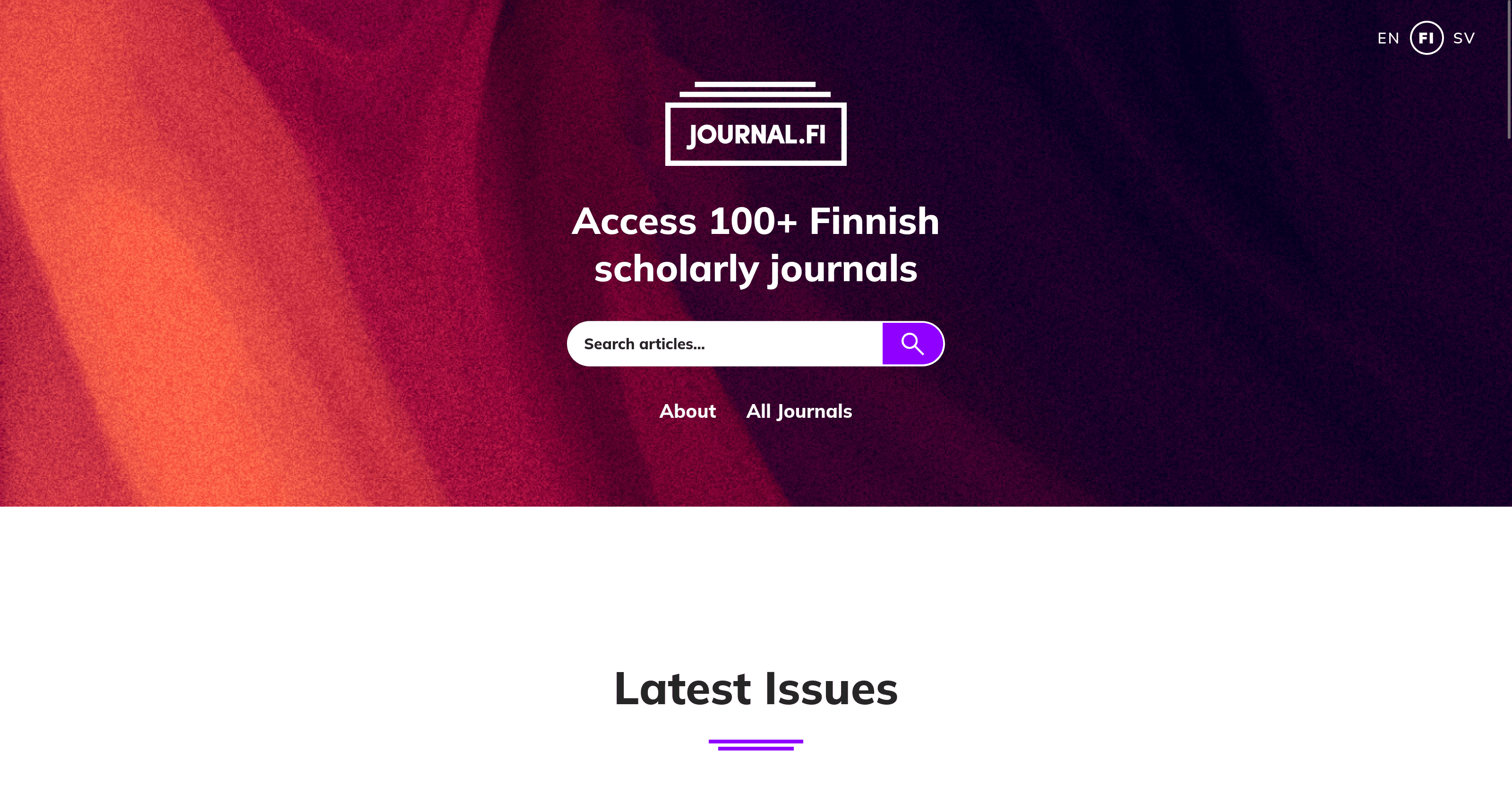 Screenshot of the homepage for journal.fi with text that says Access 100+ Finnish Scholarly Journals