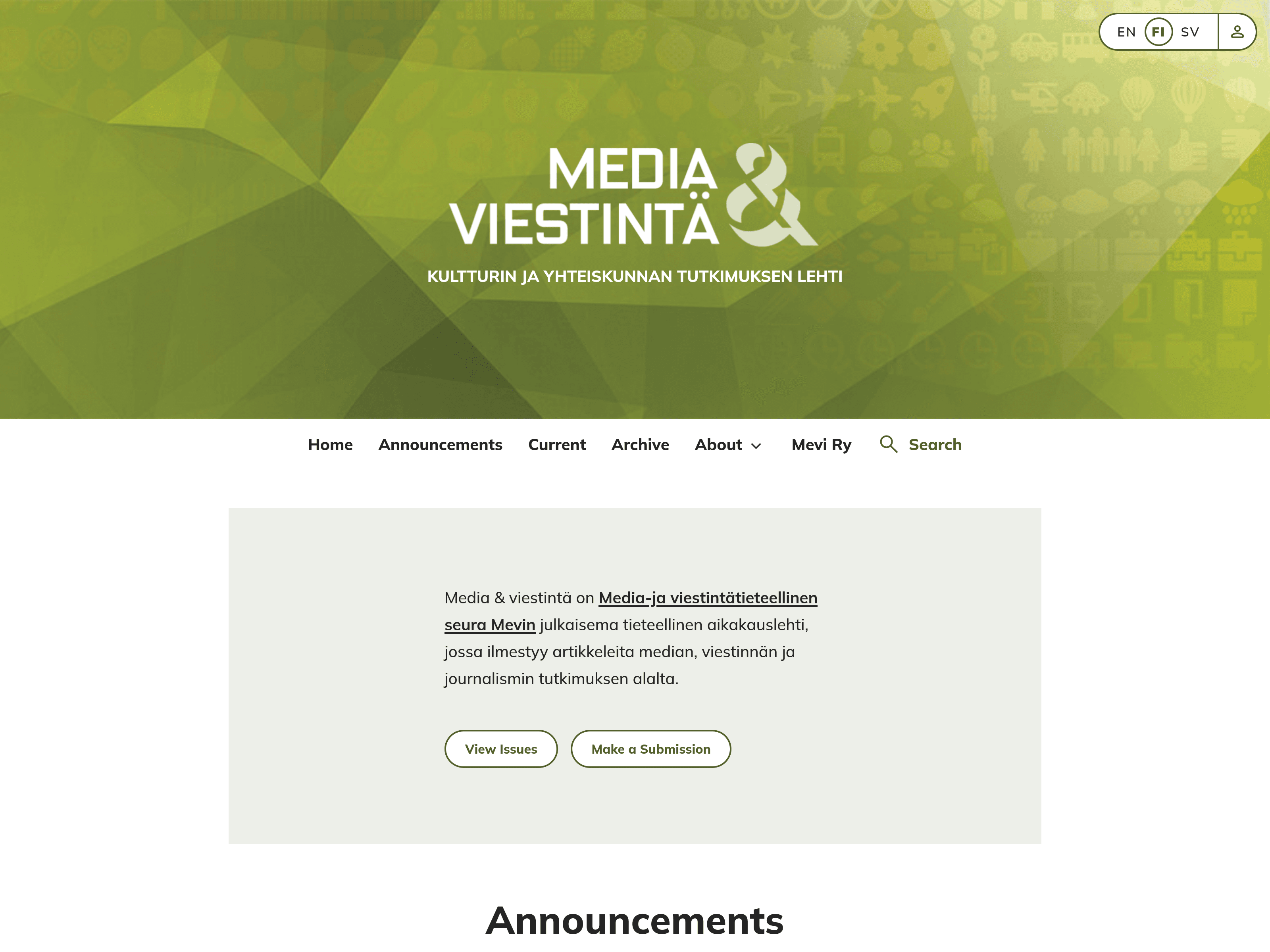 Screenshot of the homepage of a single journal for Journal.fi