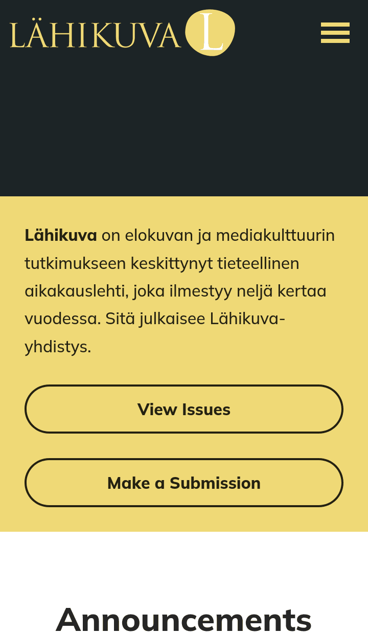 Screenshot of the homepage for a journal on a mobile device