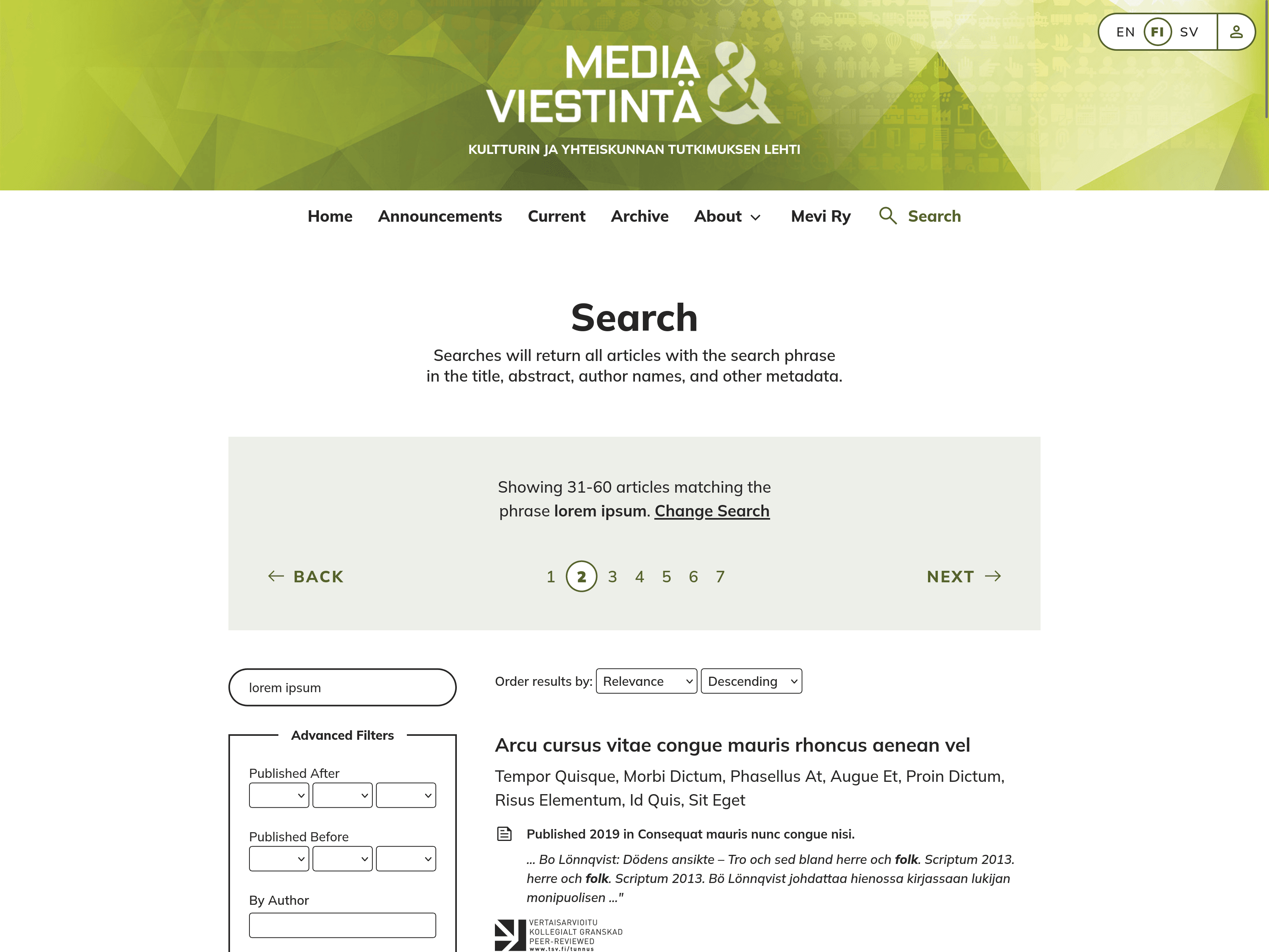 Screenshot of the search results of a single journal for Journal.fi