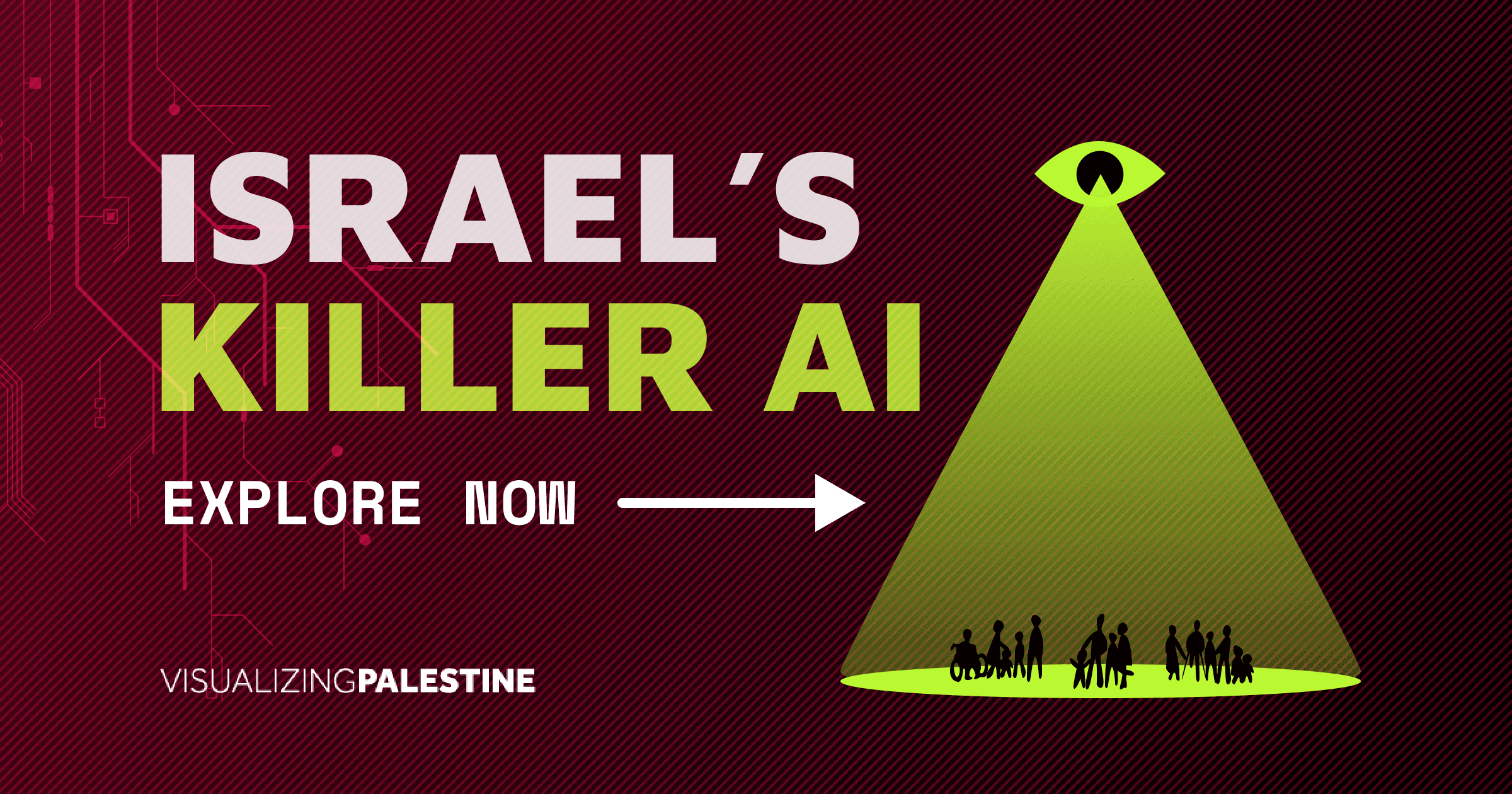 Graphic showing families under a watching eye and the text: Israel's Killer AI