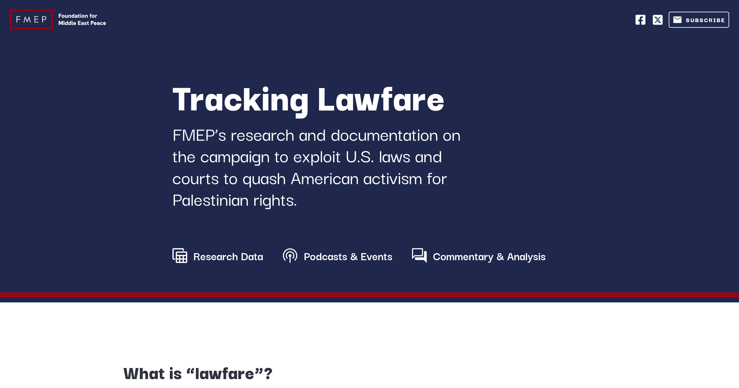 Screenshot of the homepage of lawfare.fmep.org that says FMEP's research and documentation on the campaign to exploit US laws.