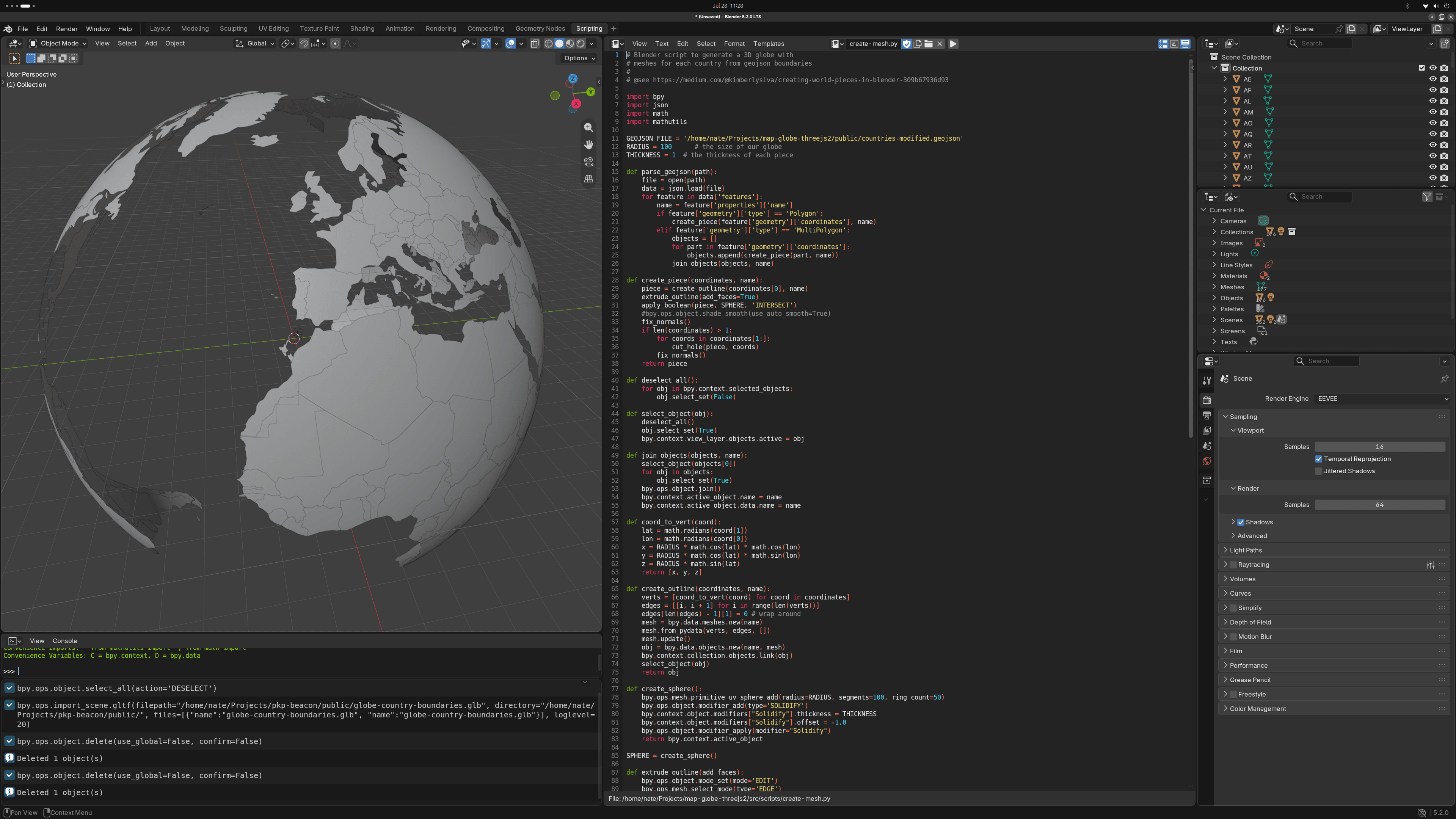 Screenshot of the 3D globe produced in Blender.