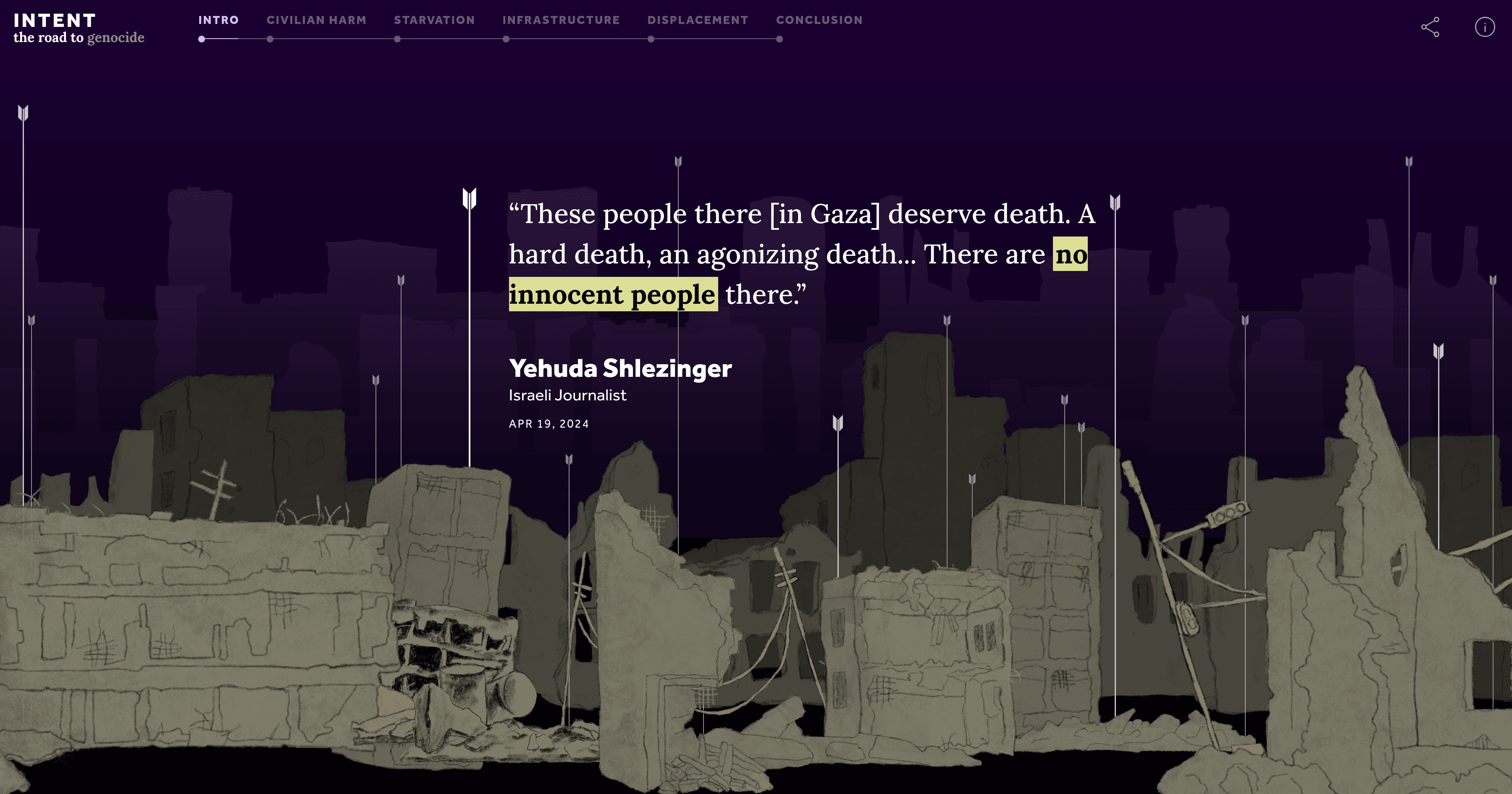 Illustration of a landscape of rubble with a statement saying 'there are no innocent people there'