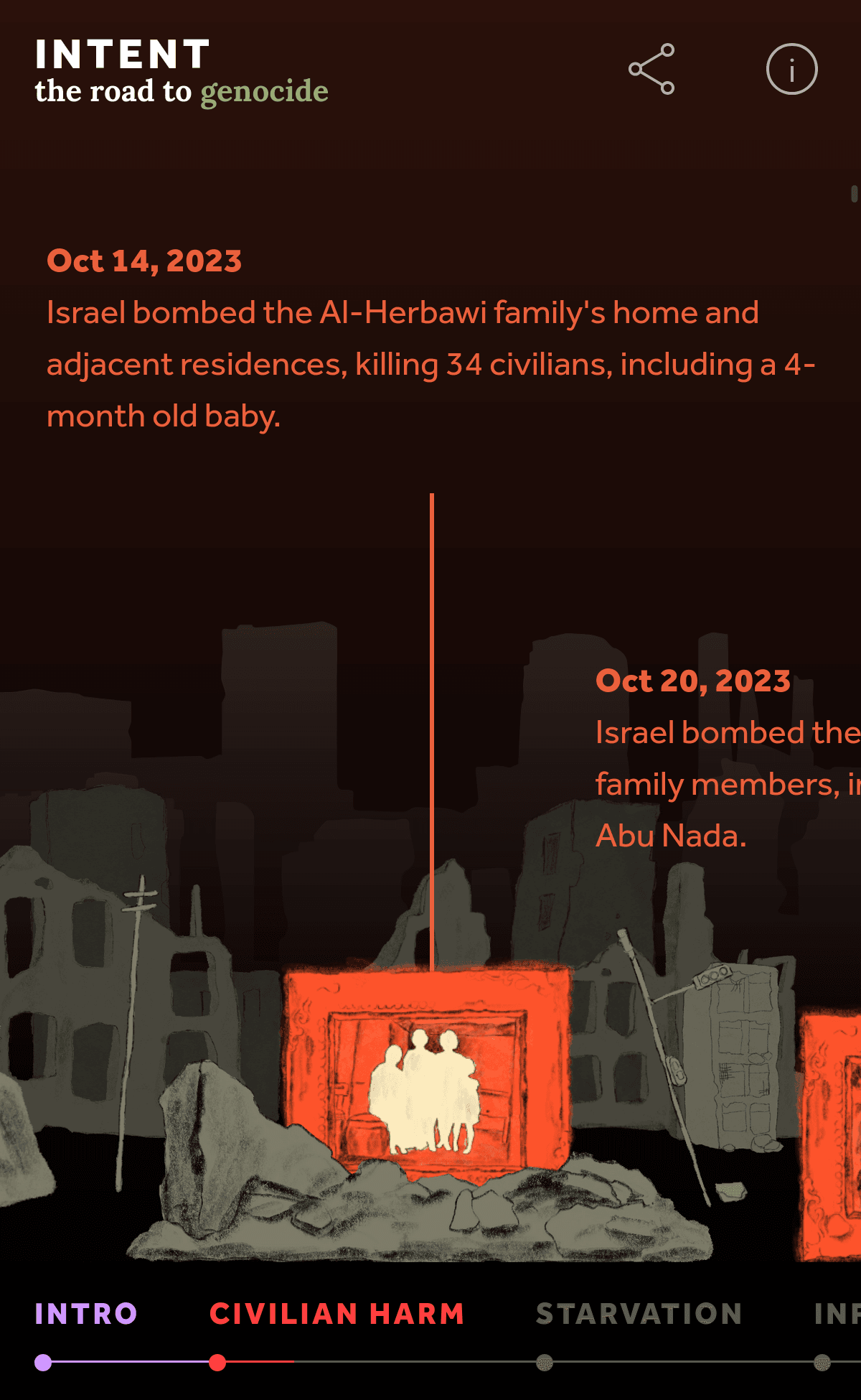 Illustration of a family portrait under a description of the bombing of the Al-Herbawi family home