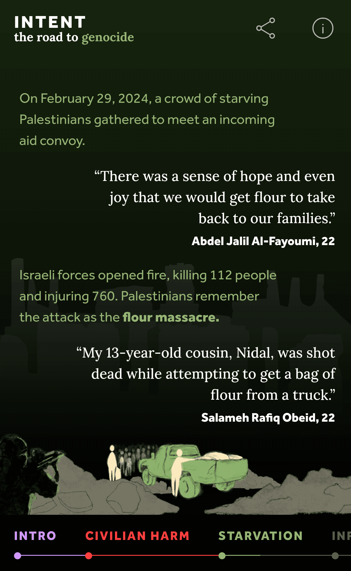 Illustration of a soldier aiming a rifle at people getting flour out of a truck, under a description of the Feb. 29, 2024 flour massacre