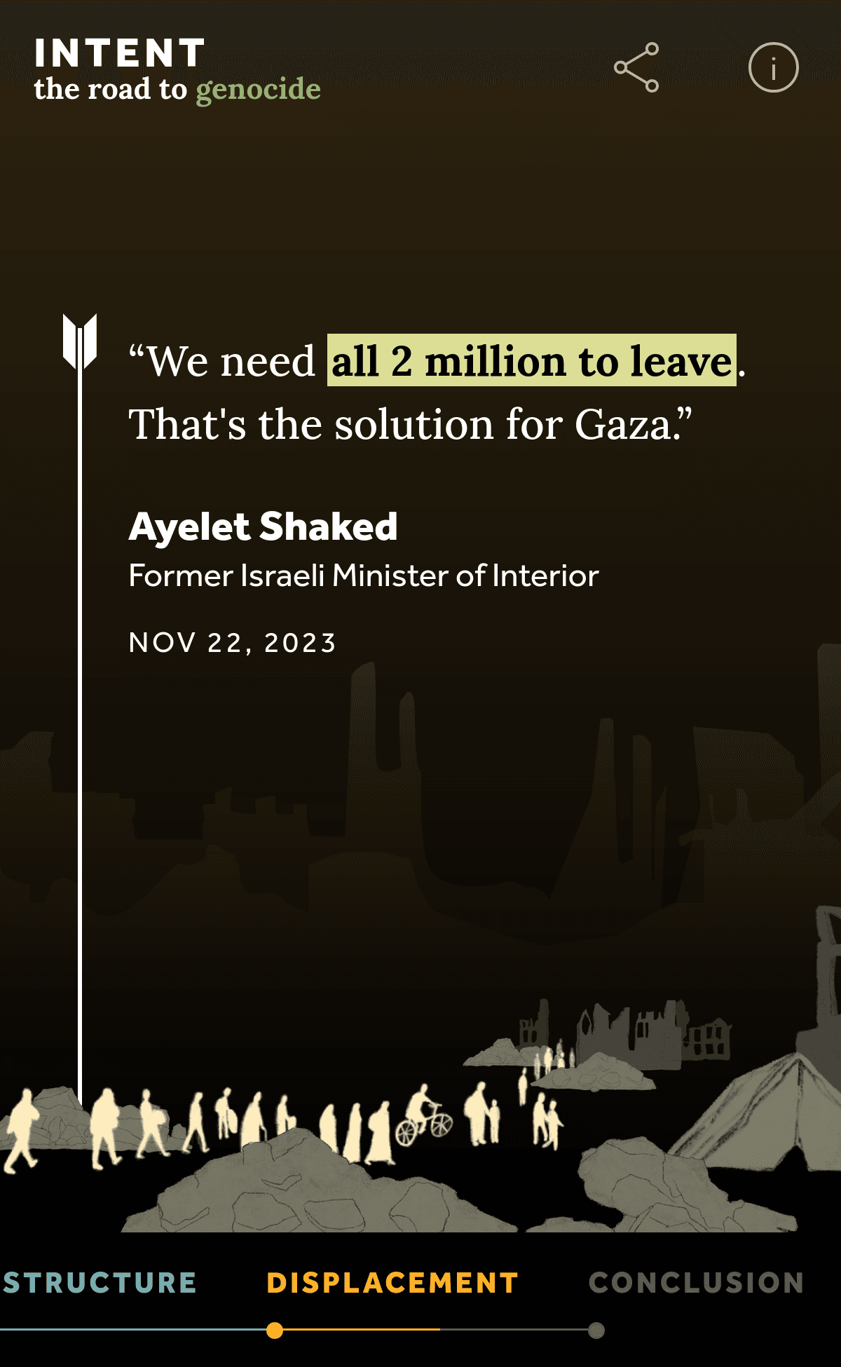 Illustration of Palestinians being forcibly displaced under a quote from an Israeli that says 'all 2 million must leave'