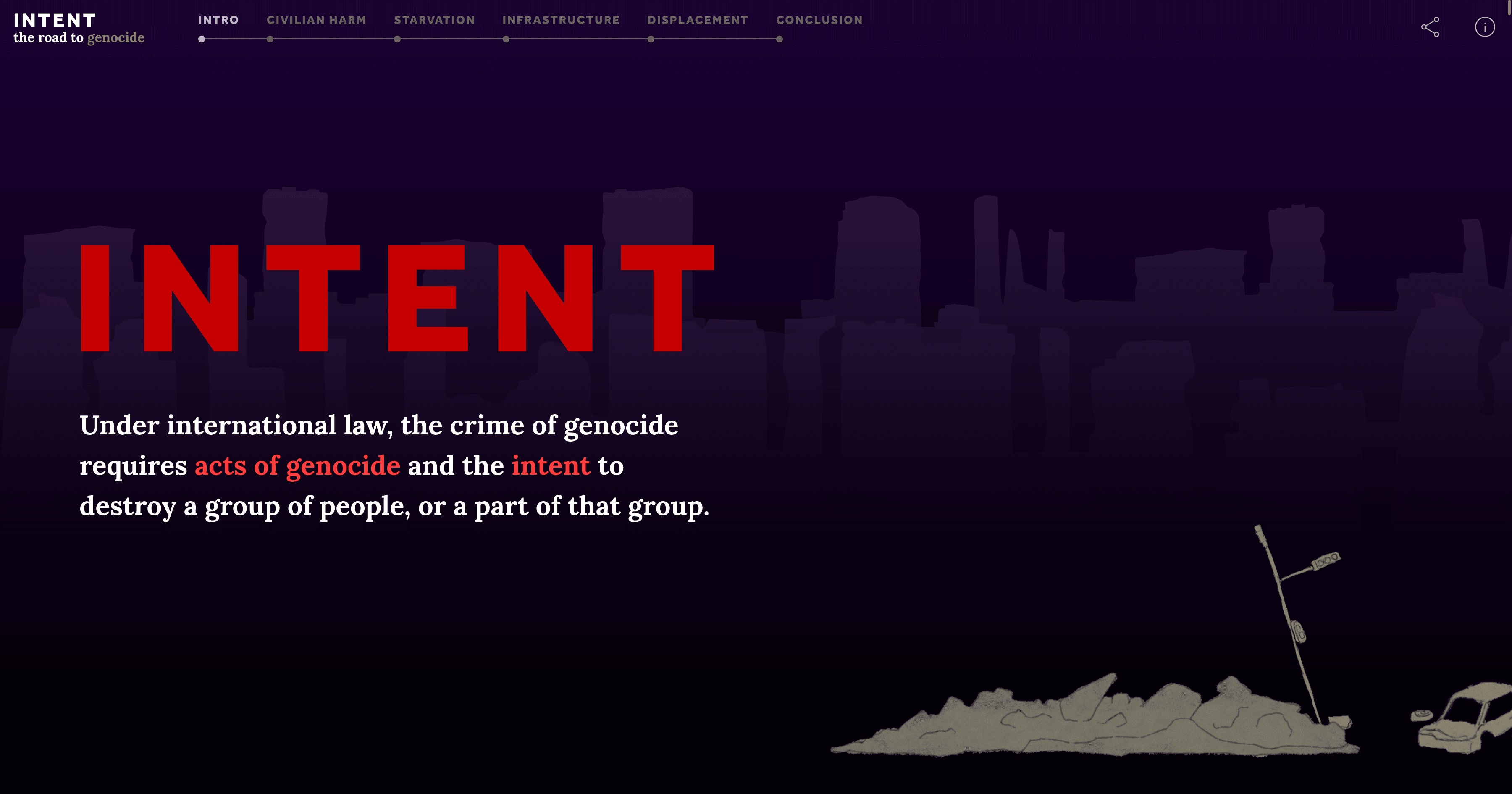 Graphic of the word Intent over a city landscape and a description of the crime of genocide