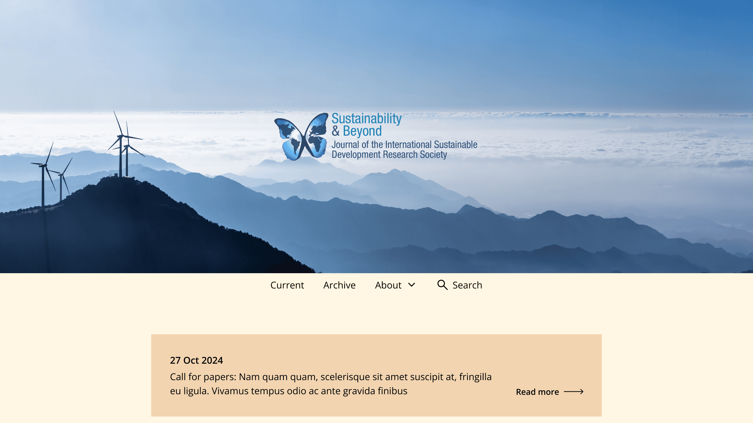 Screenshot of a sample ecological journal showing a mountain vista with wind turbines