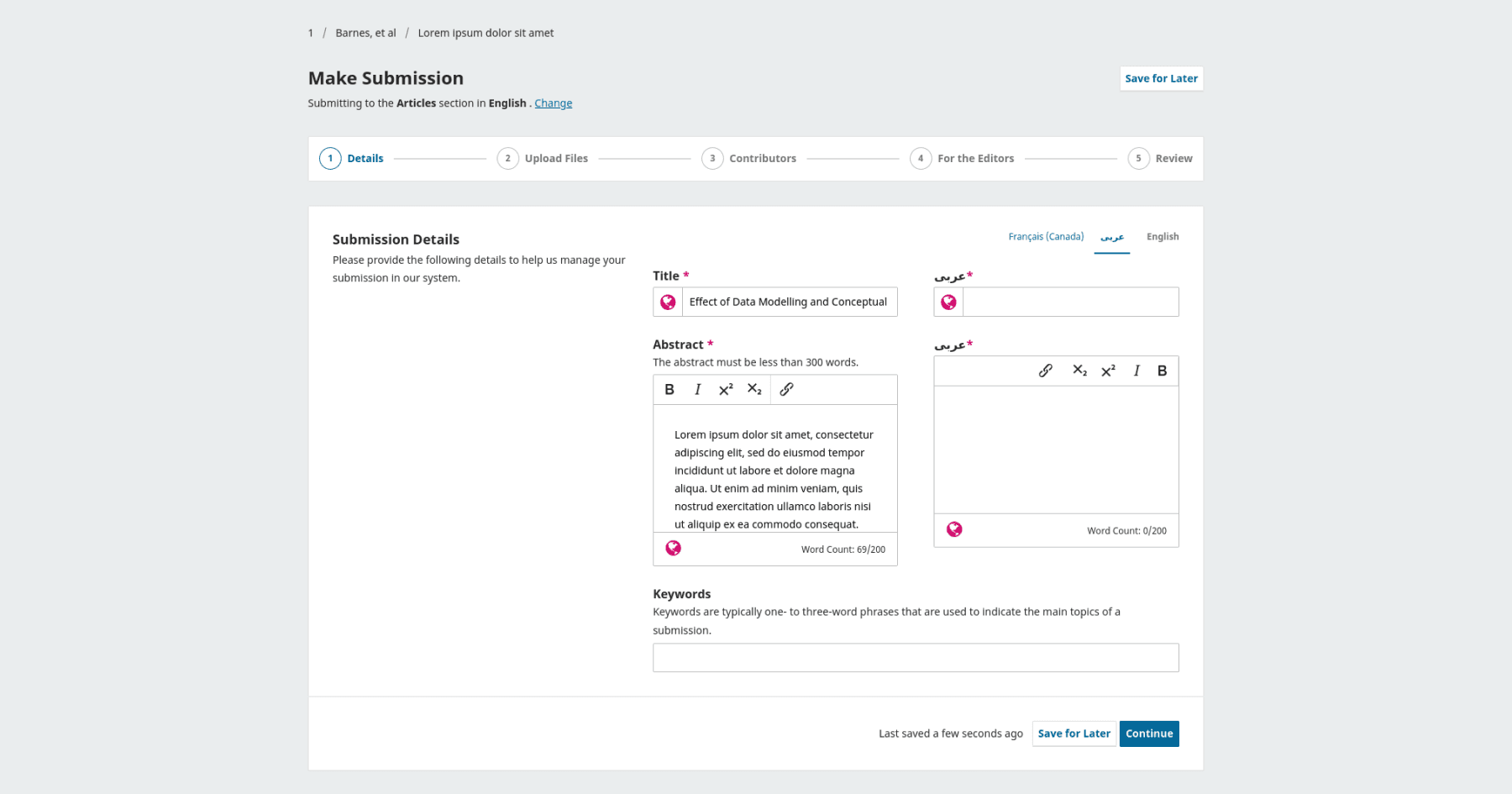 Screenshot of the step-by-step workflow to make a new journal submission