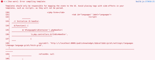Screenshot of the console warning: Templates should only be responsible for mapping the state to the UI